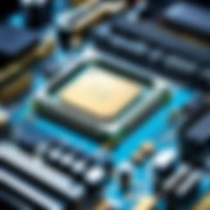 Detailed view of a motherboard with CPU and RAM installed