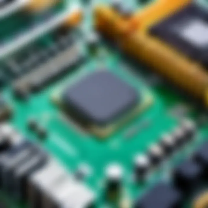 A close-up of a motherboard with CPU and RAM installed