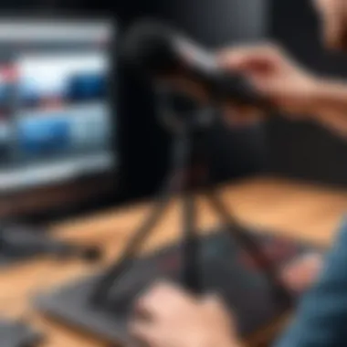 Setting Up Microphone for YouTube Filming A content creator setting up a microphone for filming