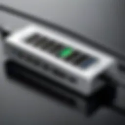 Close-up of a USB C hub showcasing multiple ports and connections