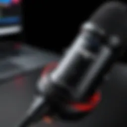 Close-up view of the HyperX QuadCast microphone showcasing its design and features
