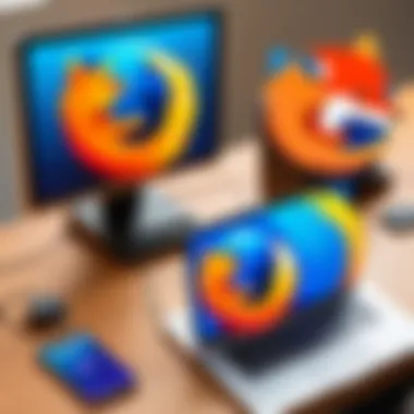 Illustration of cross-platform compatibility showing Firefox on different devices.