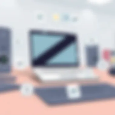 A laptop placed on a desk with bidding icons surrounding it