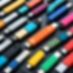 A diverse collection of flash drives showcasing various designs and colors