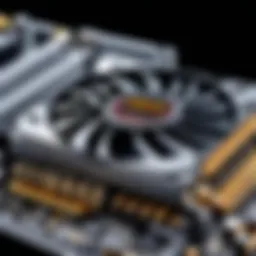 A close-up view of a high-performance graphics card showcasing its cooling system