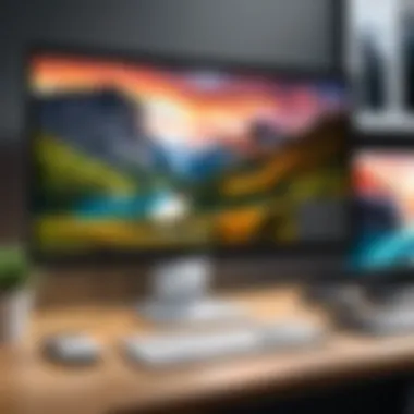 Workspace with Dell Monitor and MacBook Pro Wide view of a workspace featuring a Dell monitor with MacBook Pro