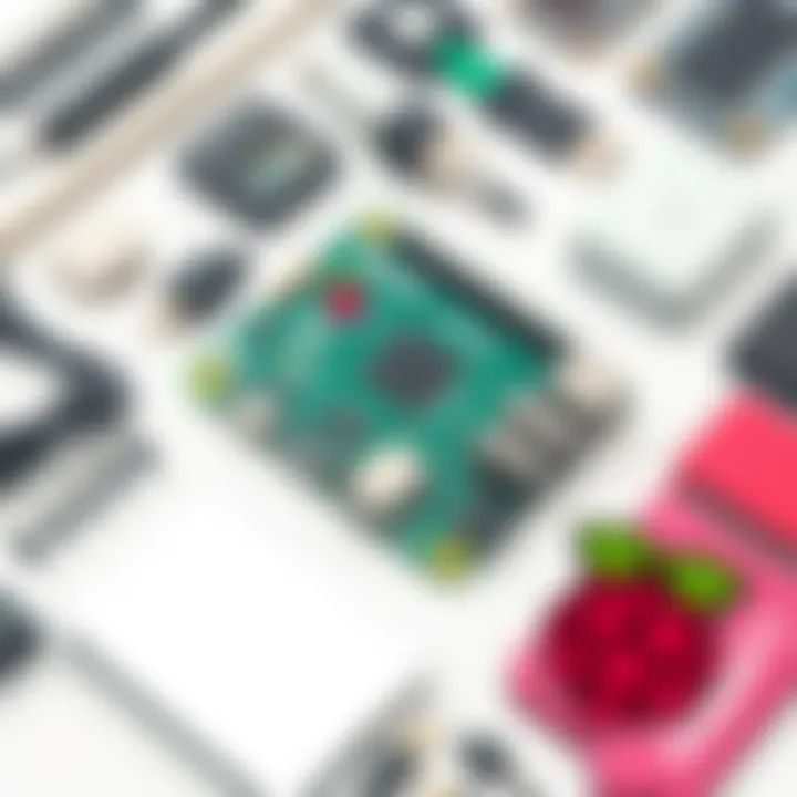 Raspberry Pi kit components laid out for assembly