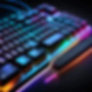 A vibrant RGB gaming keyboard showcasing customizable lighting effects.