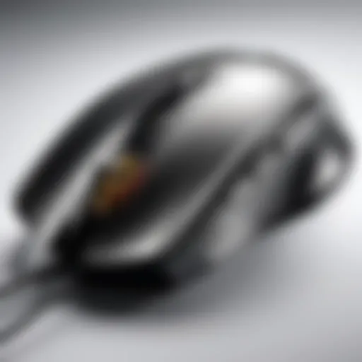 Close-up of an ergonomic gaming mouse showcasing its unique design