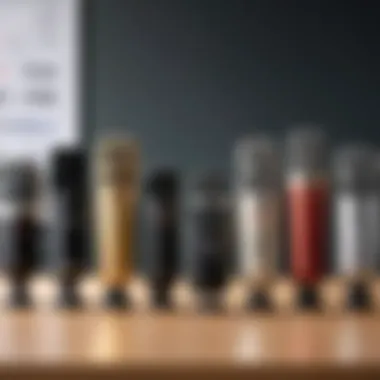 Various types of microphones displayed on a desk