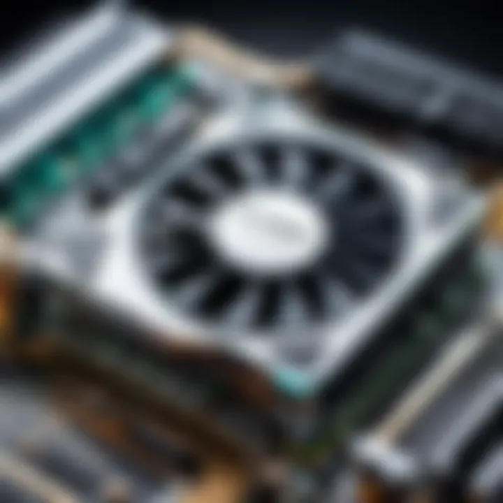 A close-up of a graphics card showcasing its advanced cooling system.